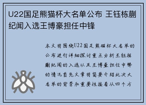 U22国足熊猫杯大名单公布 王钰栋蒯纪闻入选王博豪担任中锋